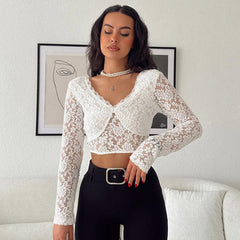 Top corto de encaje floral transparente con cuello en V y manga larga - Blanco