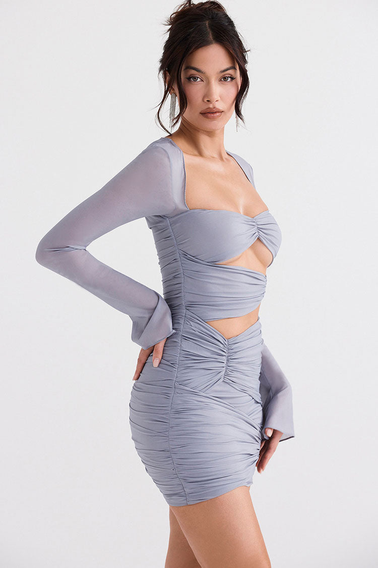 Sheer Mesh Long Sleeve Cutout Ruched Bodycon Club Mini Dress - Gray