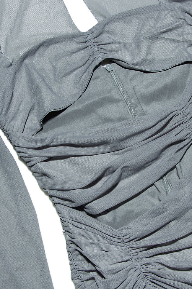 Sheer Mesh Long Sleeve Cutout Ruched Bodycon Club Mini Dress - Gray