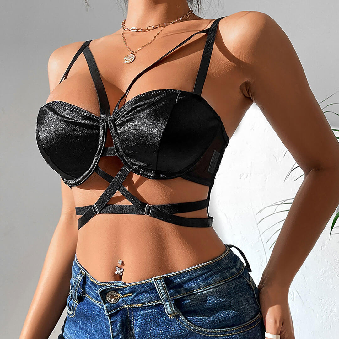 Cutout See Through Mesh Satin Bra Top - Black