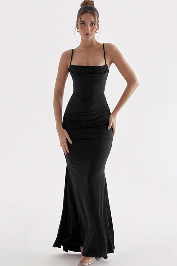 Square Neck Ruched Corset Fishtail Evening Maxi Dress - Black