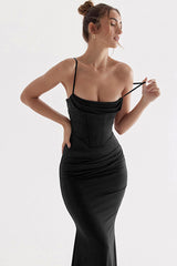 Square Neck Ruched Corset Fishtail Evening Maxi Dress - Black