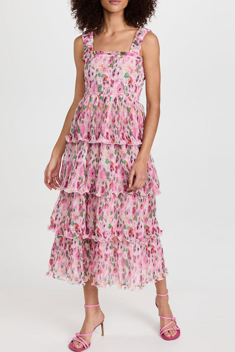 Square Neck Smocked Tiered Pleated Floral Midi Sundress - Pink