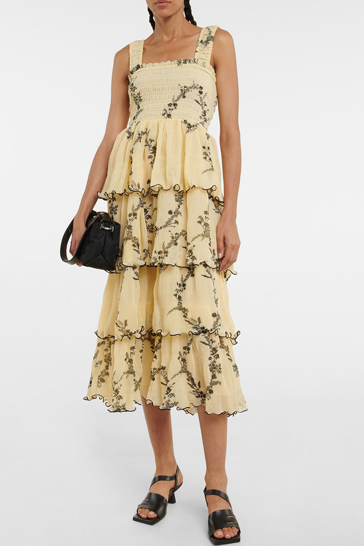 Square Neck Smocked Tiered Pleated Floral Midi Sundress - Yellow