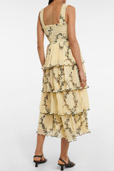 Square Neck Smocked Tiered Pleated Floral Midi Sundress - Yellow