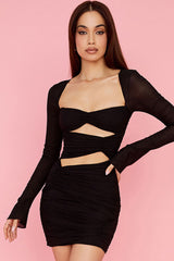 Sweetheart Long Sleeve Ruched Cutout Club Mini Dress - Black