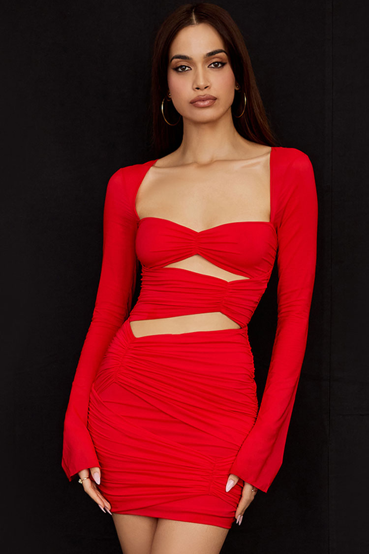 Sweetheart Long Sleeve Ruched Cutout Club Mini Dress - Red