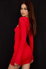 Sweetheart Long Sleeve Ruched Cutout Club Mini Dress - Red