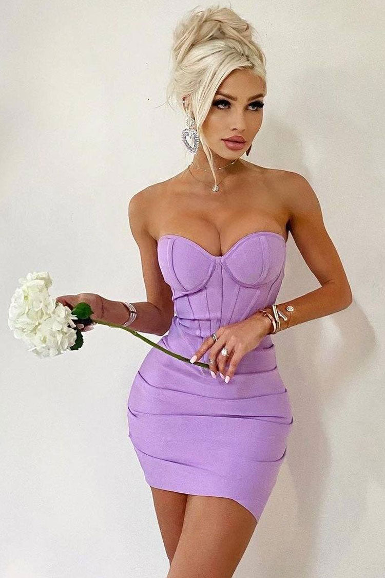 Vestido mini ajustado, plisado, sin tirantes y con escote corazón - Morado