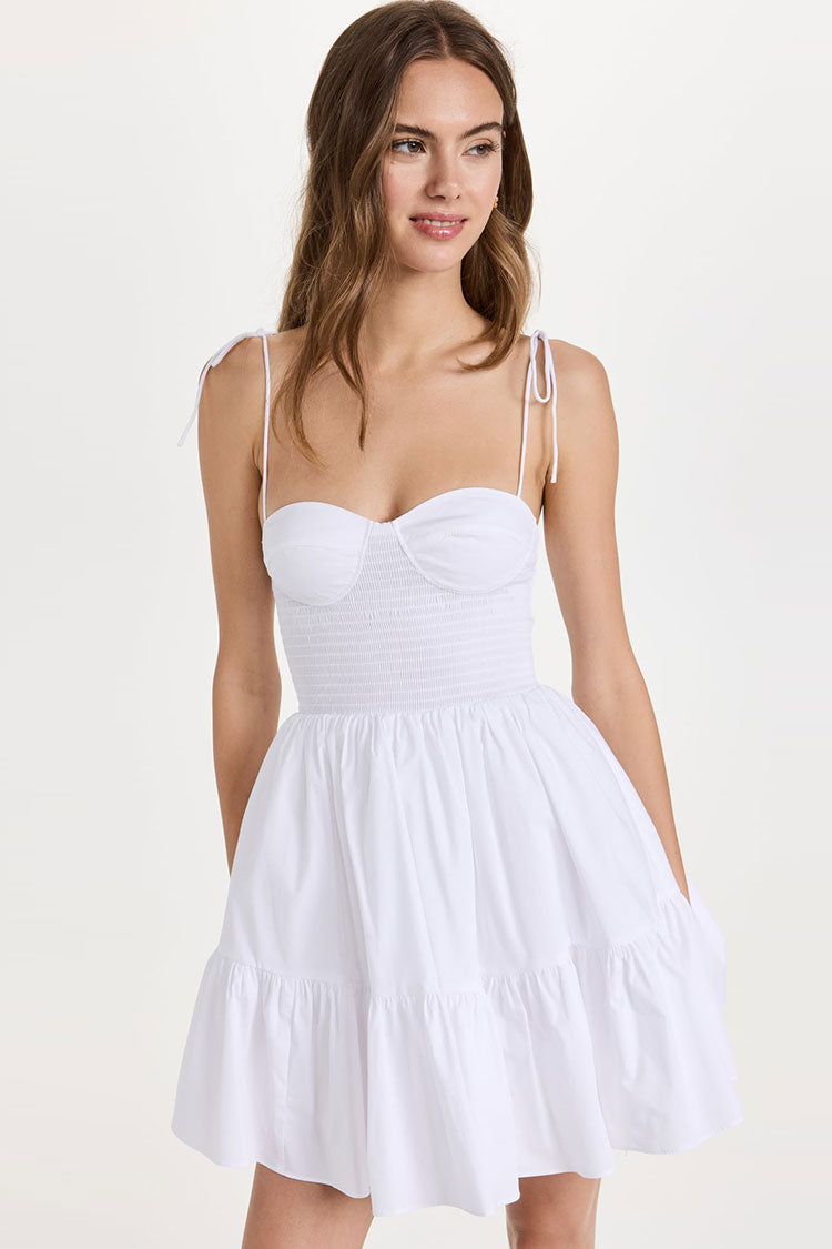 Minivestido veraniego de verano entallado y acampanado con escote en forma de corazón y tirantes anudados - Blanco