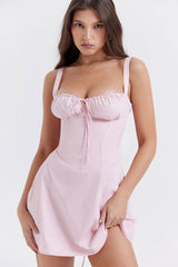Tie Front Lace Up Back Fit & Flare Corset Mini Sundress - Light Pink