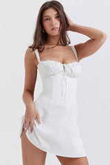 Tie Front Lace Up Back Fit & Flare Corset Mini Sundress - White