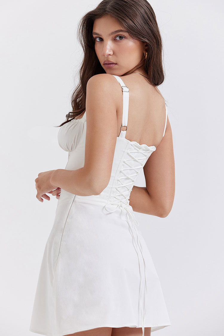 Tie Front Lace Up Back Fit & Flare Corset Mini Sundress - White