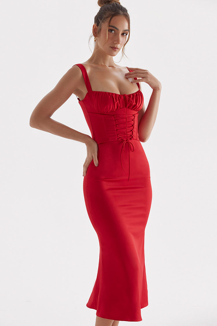 Sexy Tie Neck Lace Up Satin Corset Cocktail Party Midi Dress