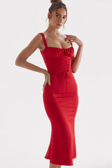 Tie Neck Lace Up Satin Corset Cocktail Party Midi Dress - Red