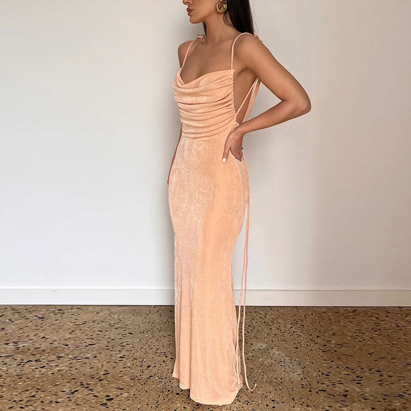 Tie Shoulder Cowl Neck Ruched Trim Backless Sheer Maxi Dress - Apricot