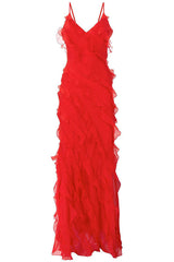 V Neck Spaghetti Strap Split Chiffon Ruffle Slip Maxi Dress - Red