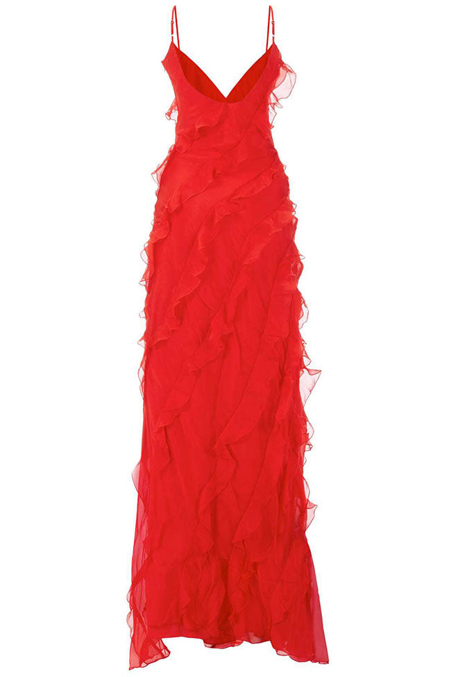 V Neck Spaghetti Strap Split Chiffon Ruffle Slip Maxi Dress - Red
