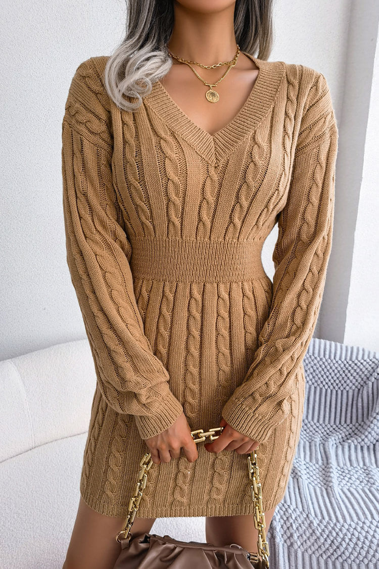 V Neck Winter Fisherman Cable Knit Sweater Mini Dress - Khaki