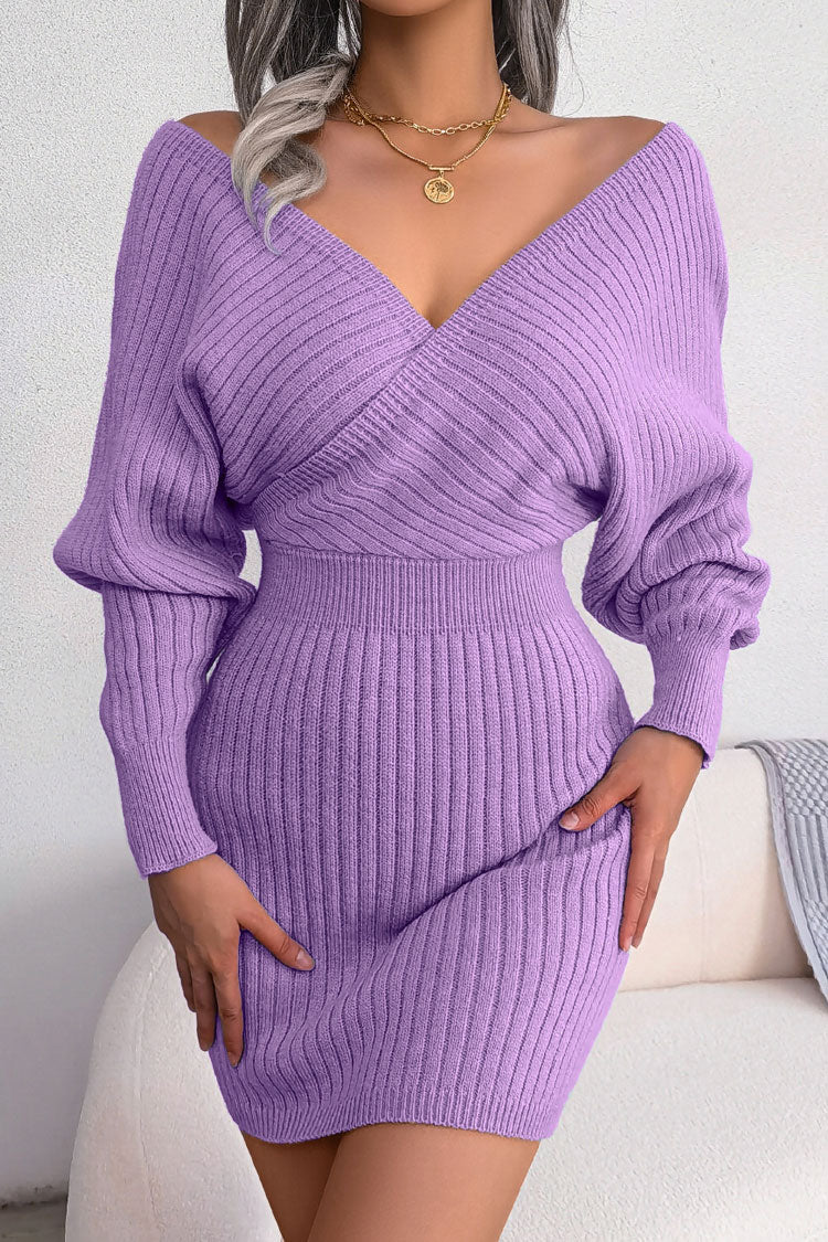 Winter Wrap V Neck Rib Knit Sweater Mini Dress - Purple