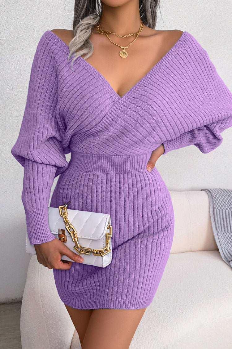 Winter Wrap V Neck Rib Knit Sweater Mini Dress - Purple