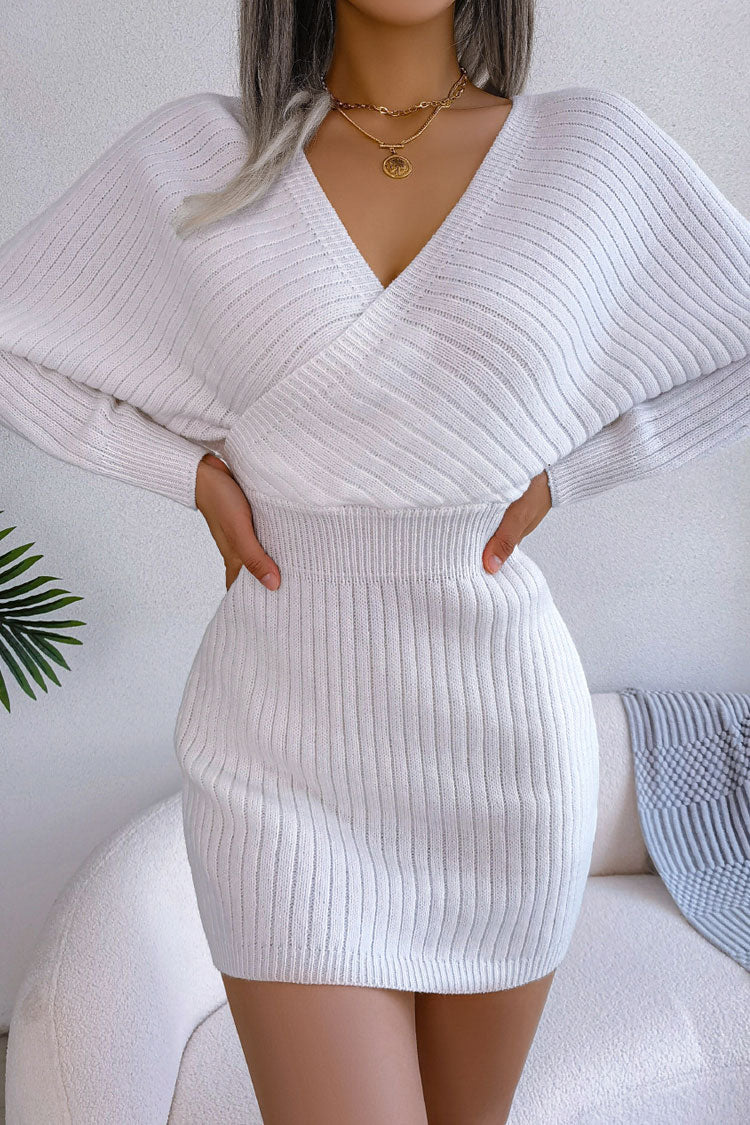 Winter Wrap V Neck Rib Knit Sweater Mini Dress - White