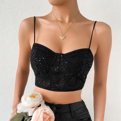 Shimmer Sweetheart Cami Sheer Pailletten Spitze Crop Korsett Top - Schwarz