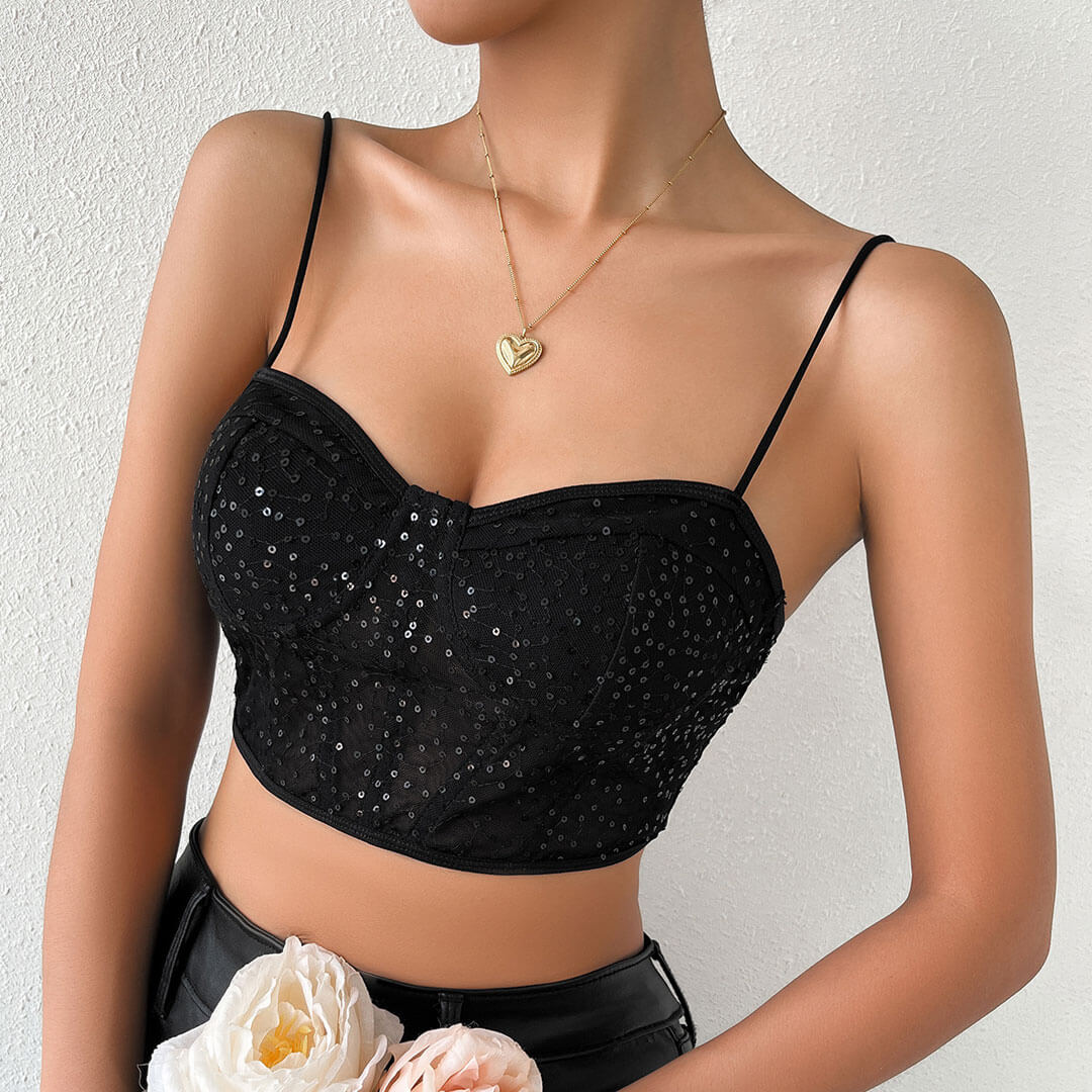 Top corto tipo corsé con encaje y lentejuelas transparentes con escote en forma de corazón brillante - Negro