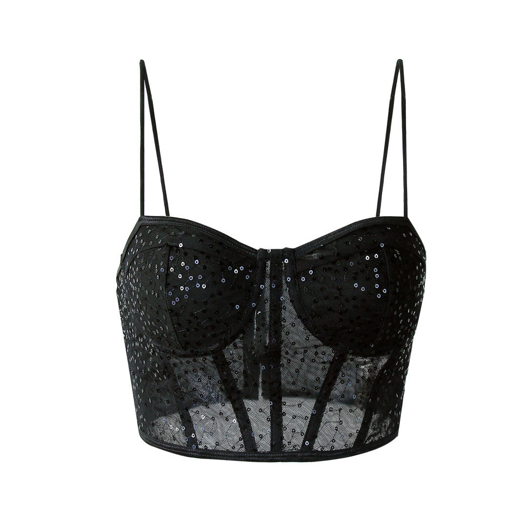 Shimmer Sweetheart Cami Sheer Pailletten Spitze Crop Korsett Top - Schwarz