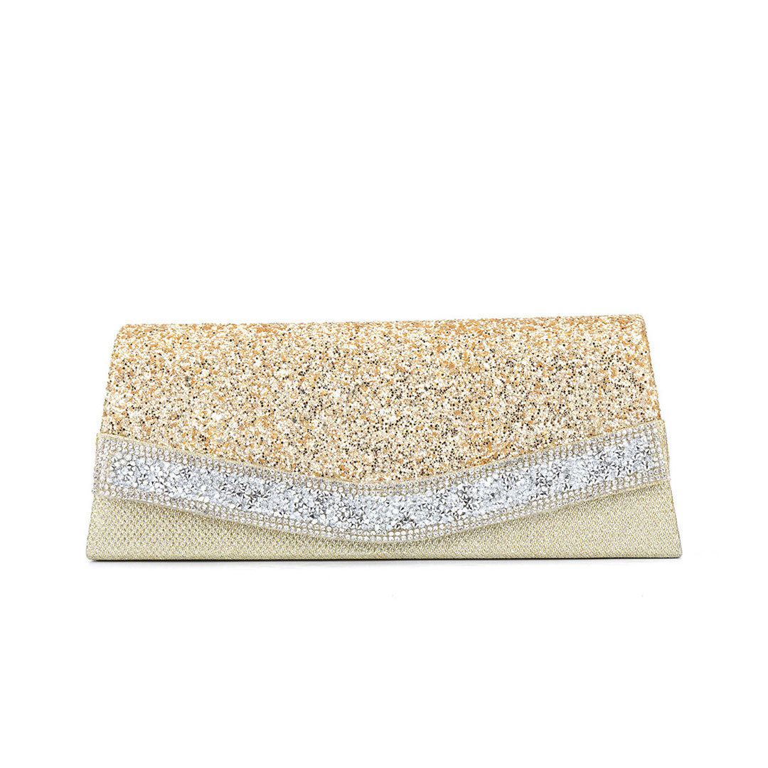 Rhinestone Embellished Textured Flap Clutch Evening Bag - Gold