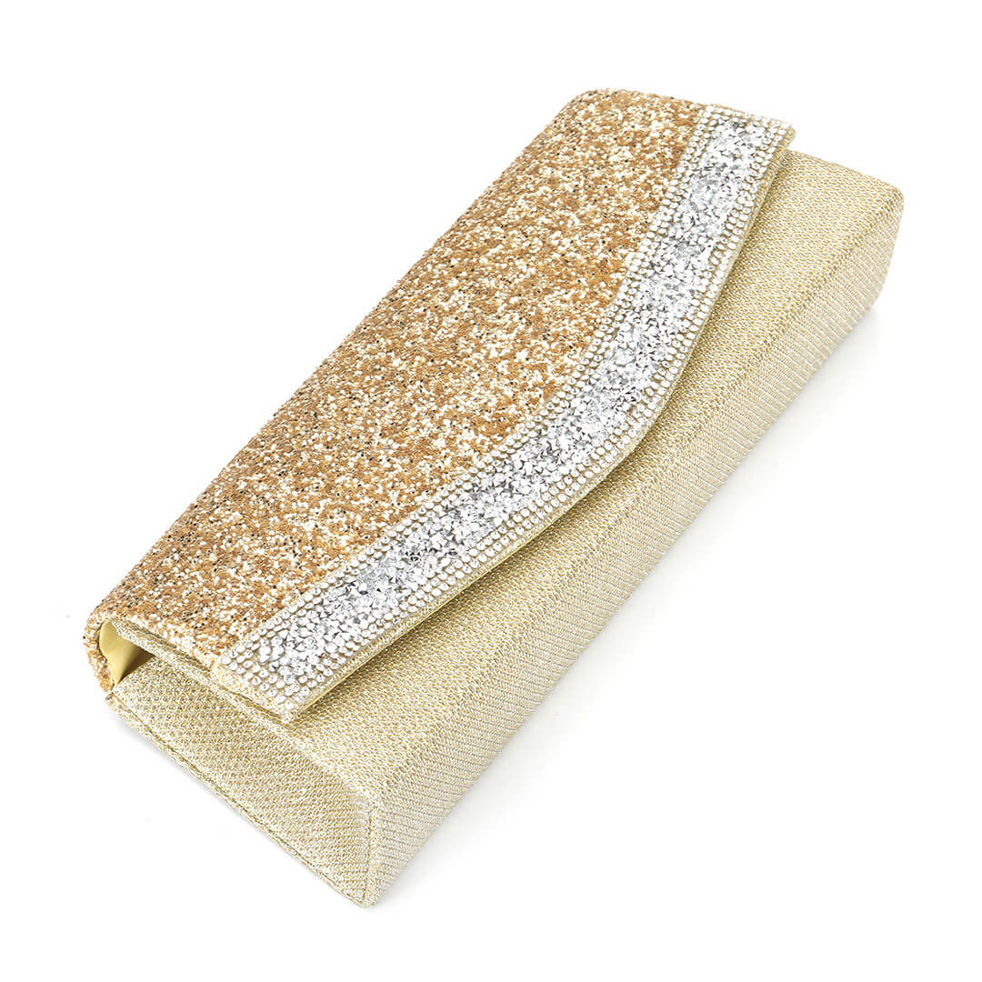 Rhinestone Embellished Textured Flap Clutch Evening Bag - Gold