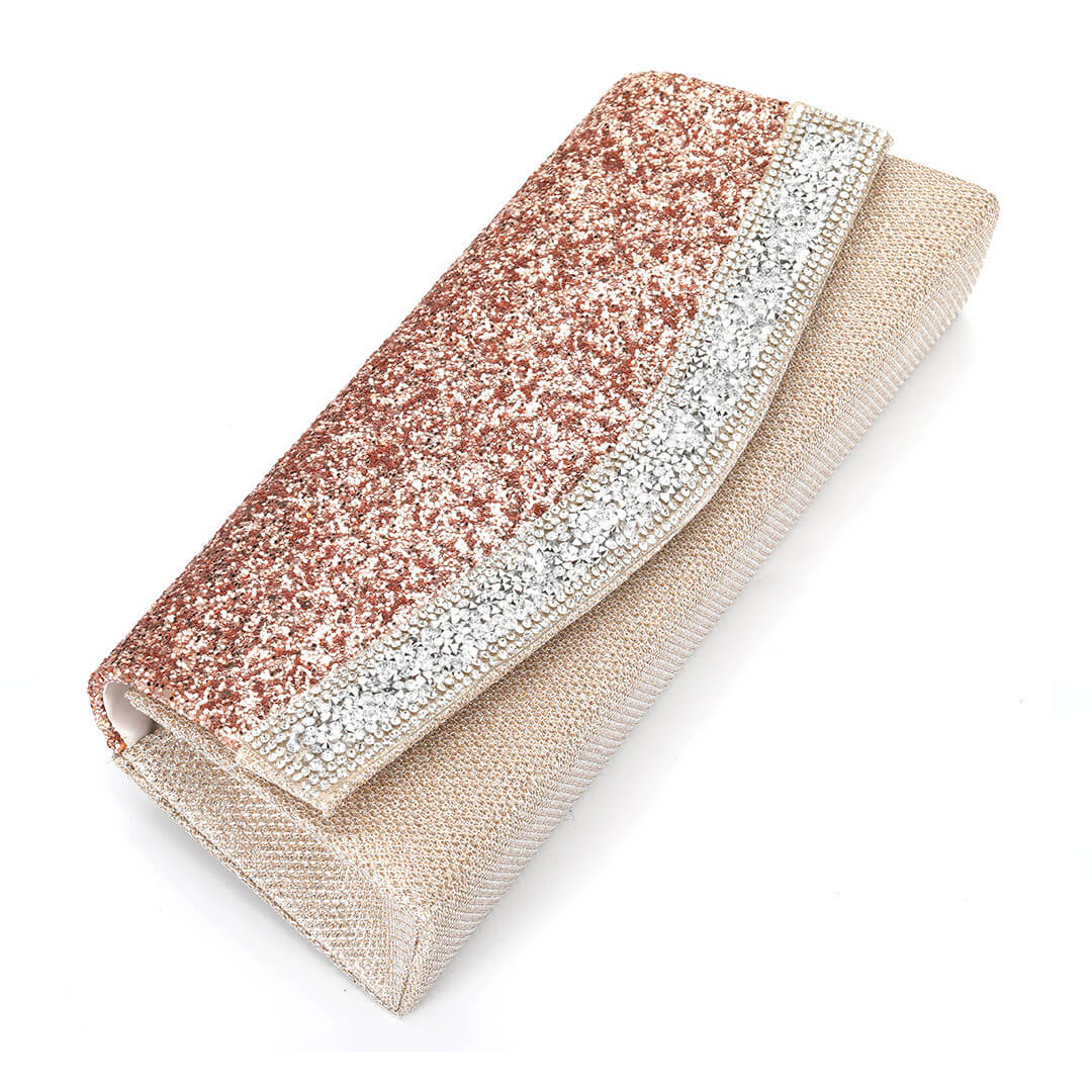 Rhinestone Embellished Textured Flap Clutch Evening Bag - Pink