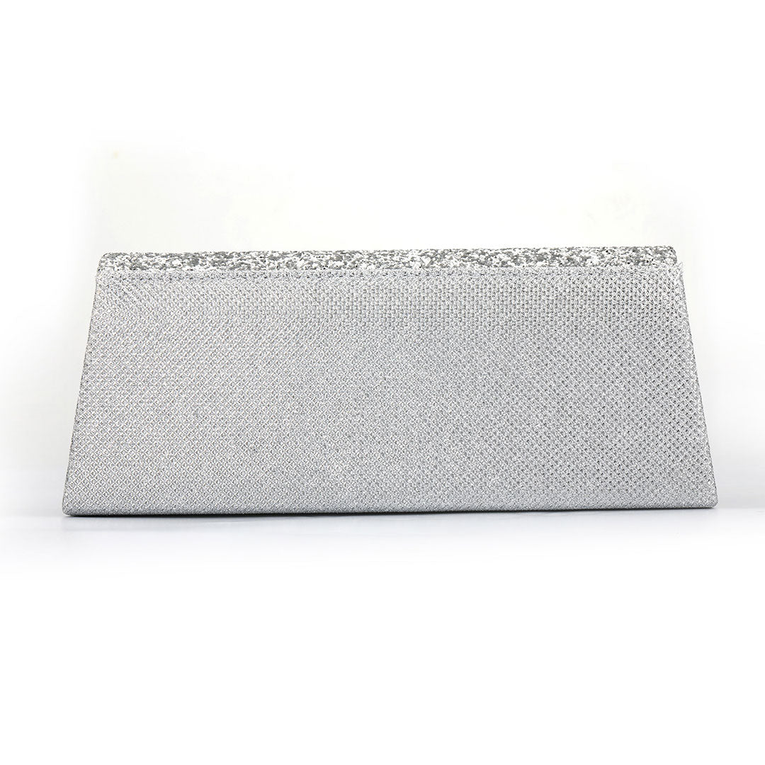 Rhinestone Embellished Textured Flap Clutch Evening Bag - Silver