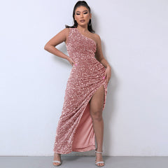 One Shoulder Gown Maxi Dress - Pink