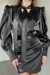 Shiny Bow Tie V Neck Puff Sleeve Wrap Bodycon Party Mini Dress - Black