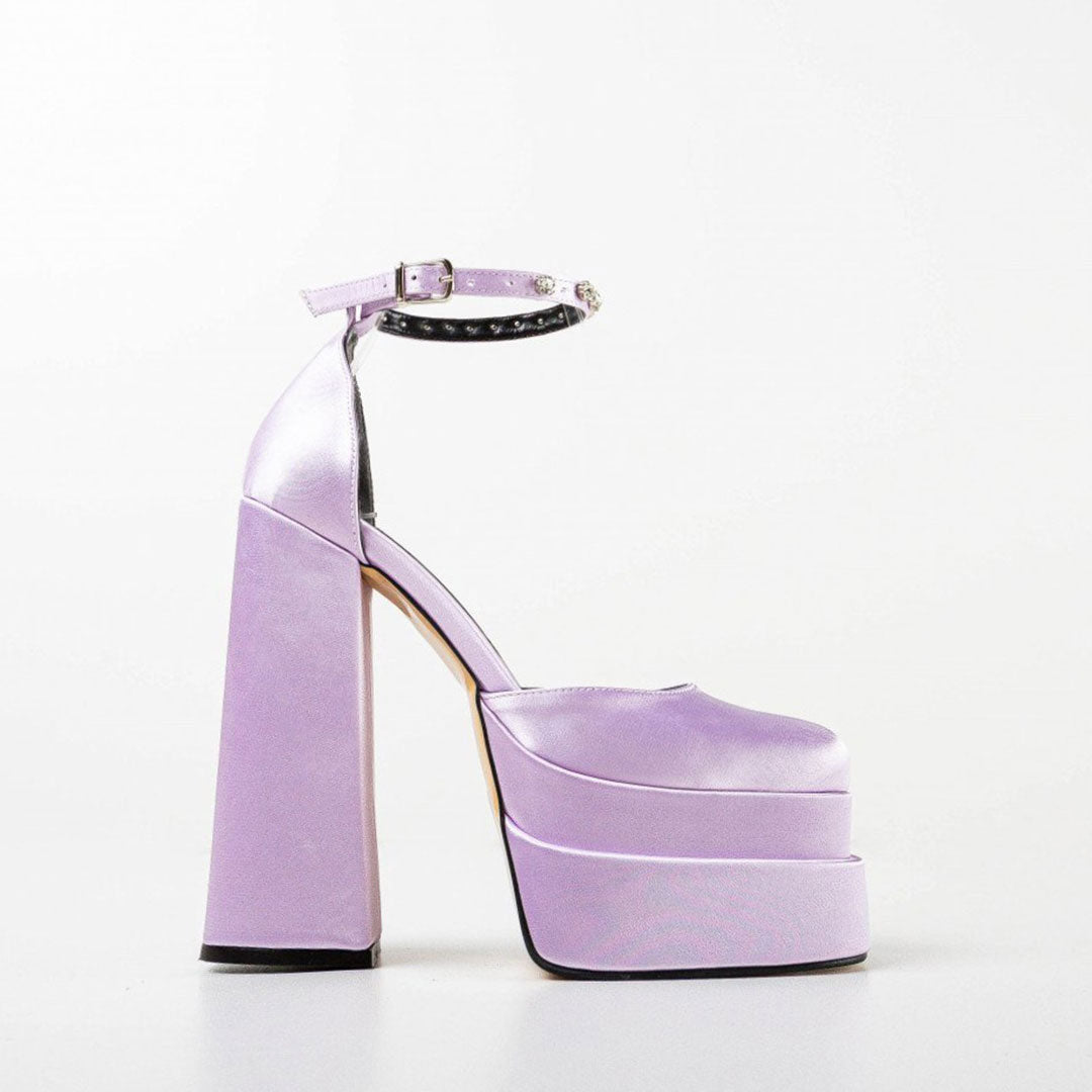 Crystal Satin Square Toe Klobige Plateau-Pumps - Lila