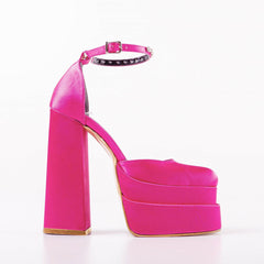 Crystal Satin Square Toe Chunky Platform Pumps - Rose