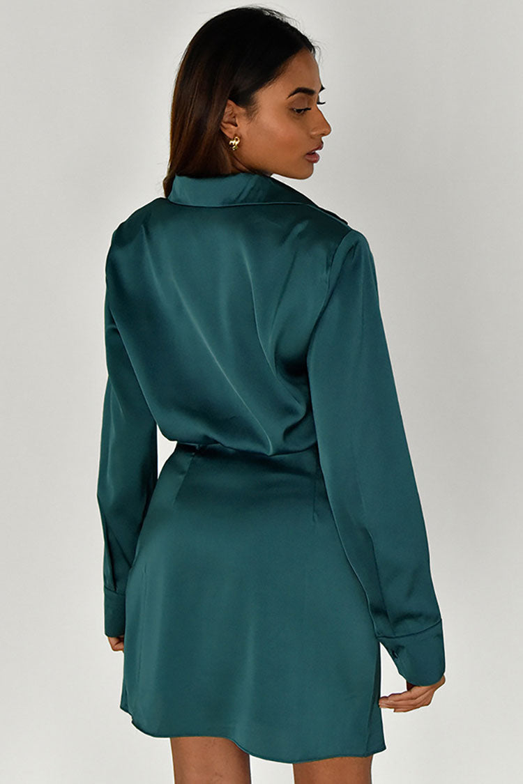 Silky Collared V Neck Ruched Wrap Trim Long Sleeve Mini Dress - Emerald Green
