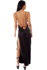 Silky High Slit V Neck Backless Satin Slip Maxi Dress - Black