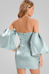 Silky Puff Sleeve Satin Off Shoulder Cocktail Mini Dress - Turquoise