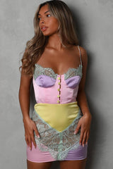 Vestido mini bustier de encaje con paneles de satén sedoso - Multicolor