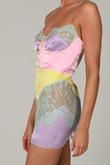 Vestido mini bustier de encaje con paneles de satén sedoso - Multicolor