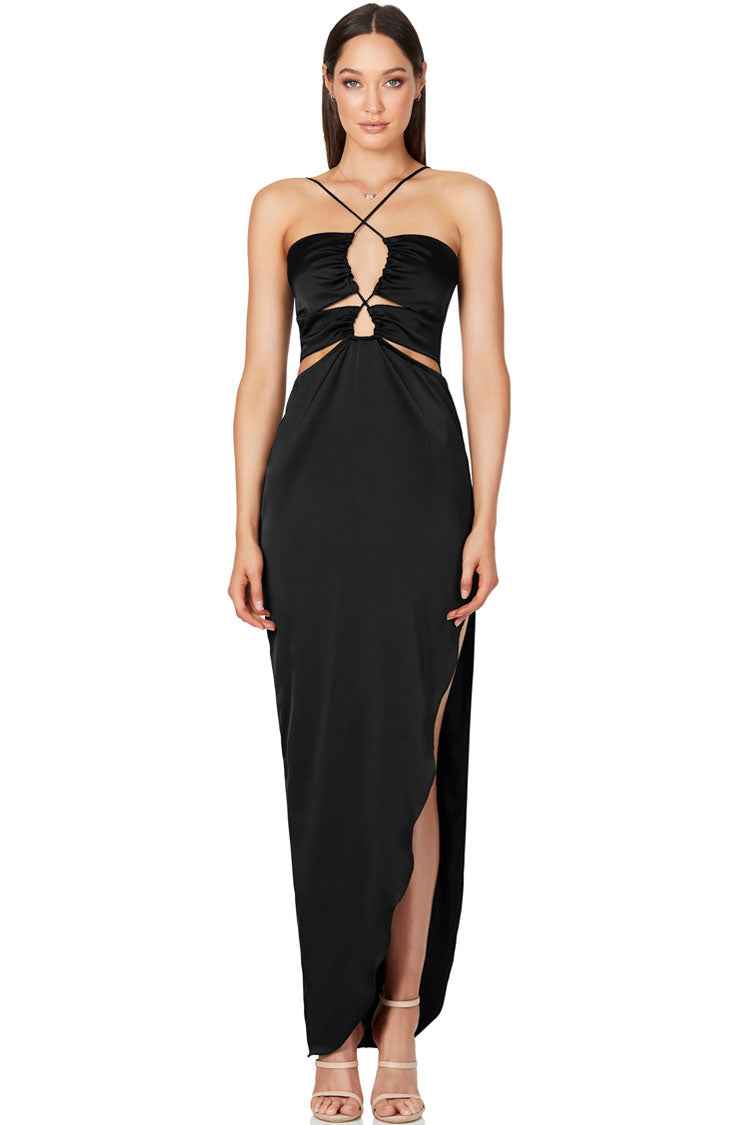 Silky Satin Cross Front Cutout Slit Cocktail Party Dress - Black