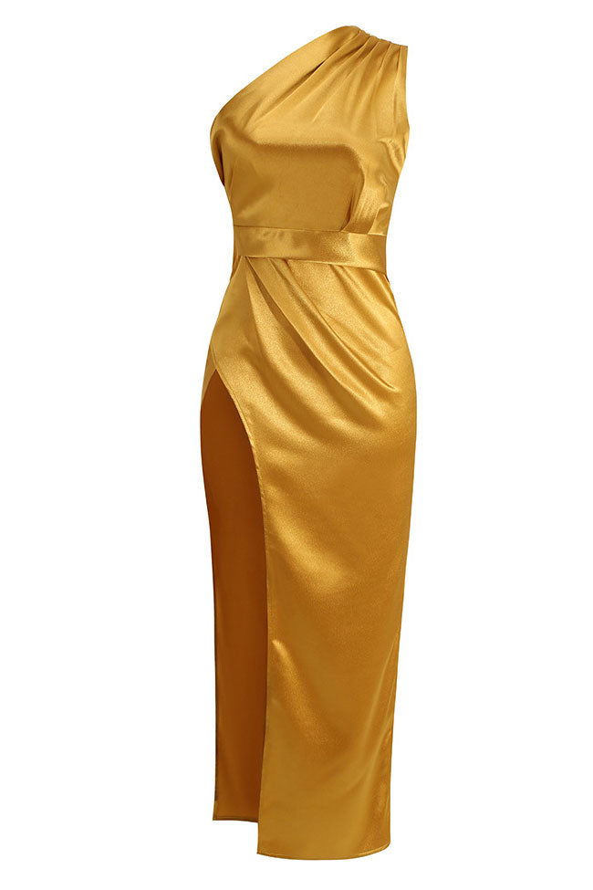 Silky Satin Pleated One Shoulder High Slit Midi Evening Dress