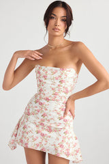 Silky Satin Pleated Trim Corset Strapless Party Mini Dress - Floral