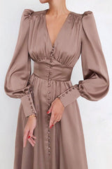 Silky Satin V Neck Puff Sleeve Button Up French Shirt Midi Dress - Brown