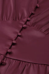 Silky Satin V Neck Puff Sleeve Button Up French Shirt Midi Dress - Burgundy