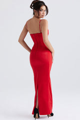 Vestido largo de noche de satén con corsé, sin mangas y tirantes finos sedosos - Rojo