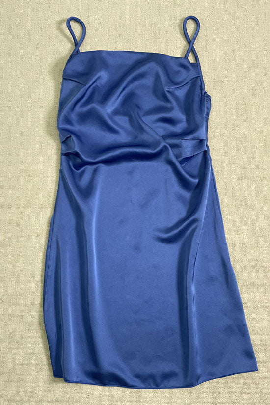 Silky Square Neck Spaghetti Strap Ruched Side Satin Slip Mini Dress - Blue