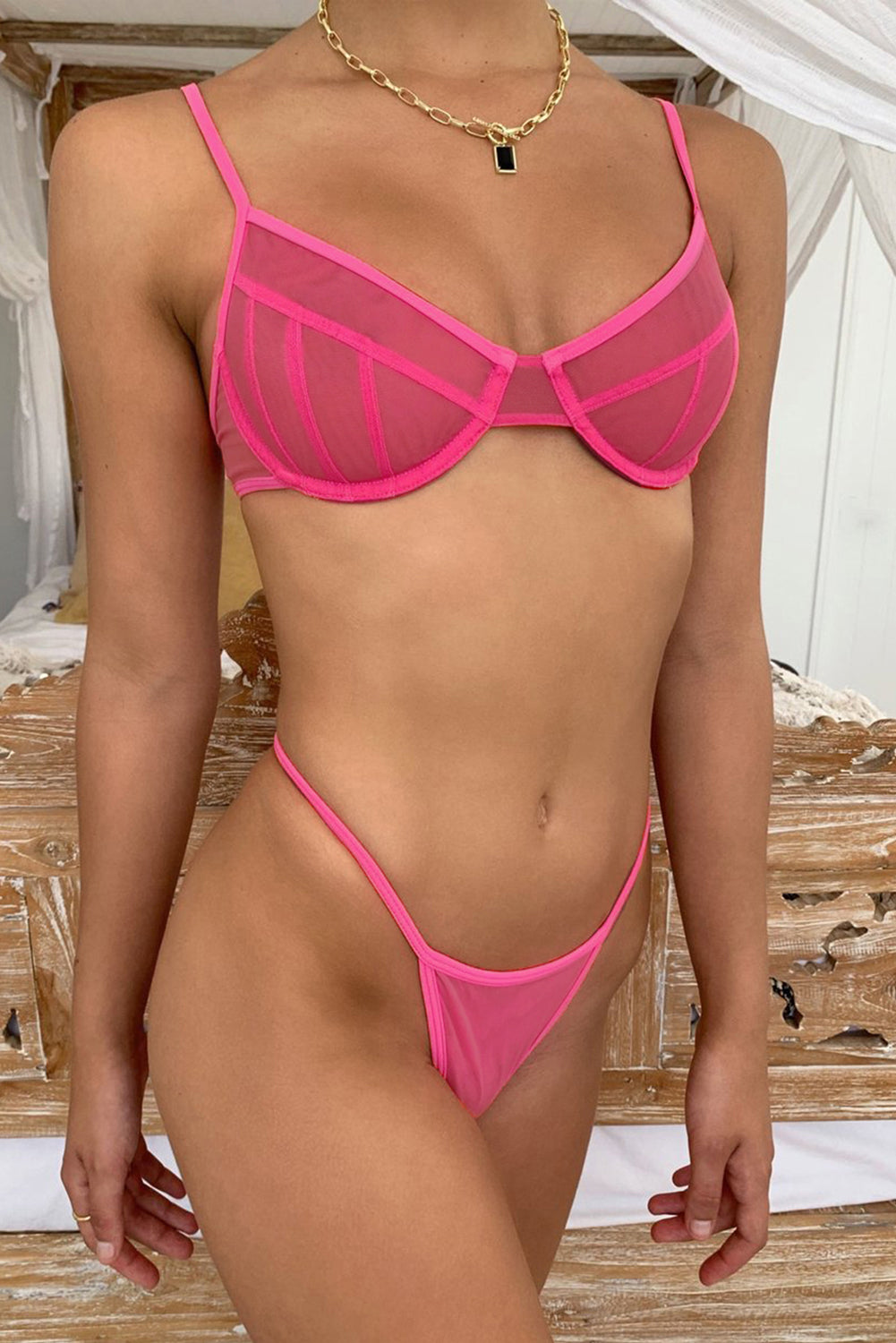 Solid Color Mesh Spaghetti Straps Bralette Set